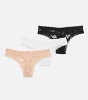 New Look 3 Pack White Black and Stone Floral Lace Thongs